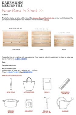 exemplo de email de itens de volta ao estoque