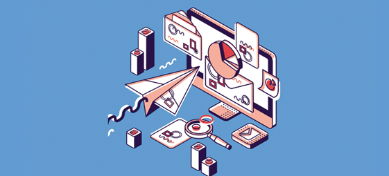 computador com ícones de marketing digital