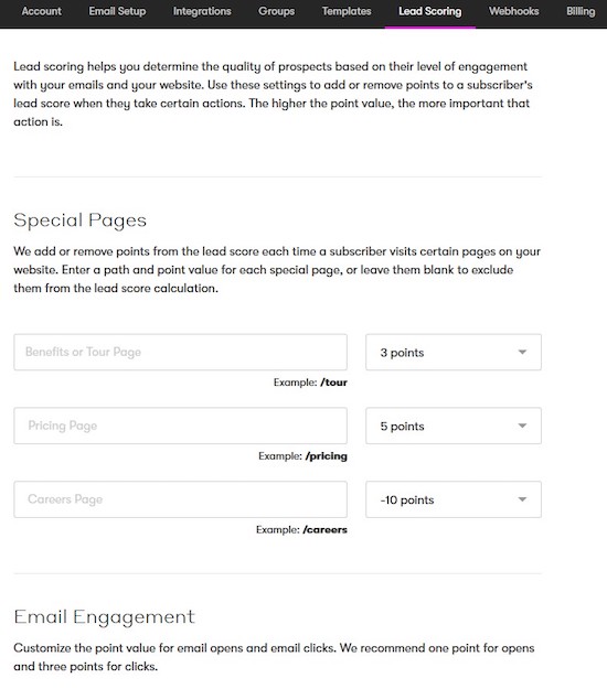 Drip lead scoring settings