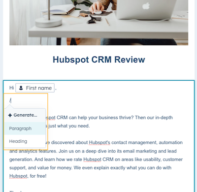AI content writing generation HubSpot drag and drop editor