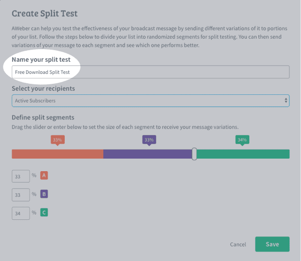 AWeber AB split testing feature for email marketing
