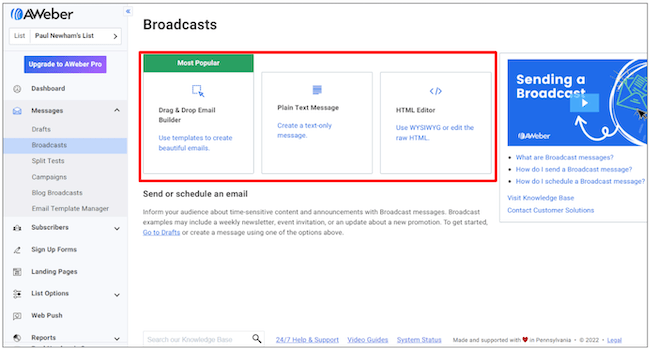 AWeber Email Editor options