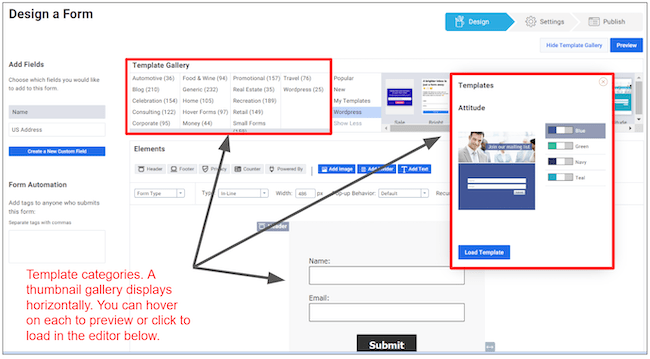 AWeber Design a Form page with Template Categories