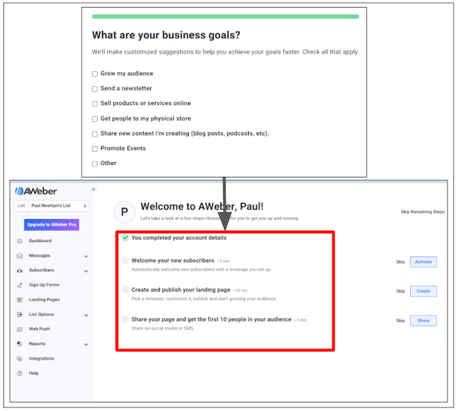 AWeber review business goals and get started steps