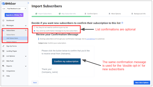 AWeber confirmation opt-in for imported contacts