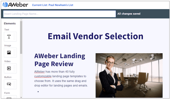 AWeber review landing page editor