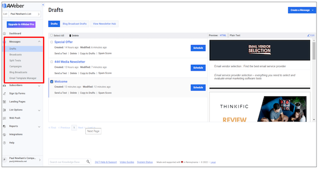 AWeber Review Message Menu options