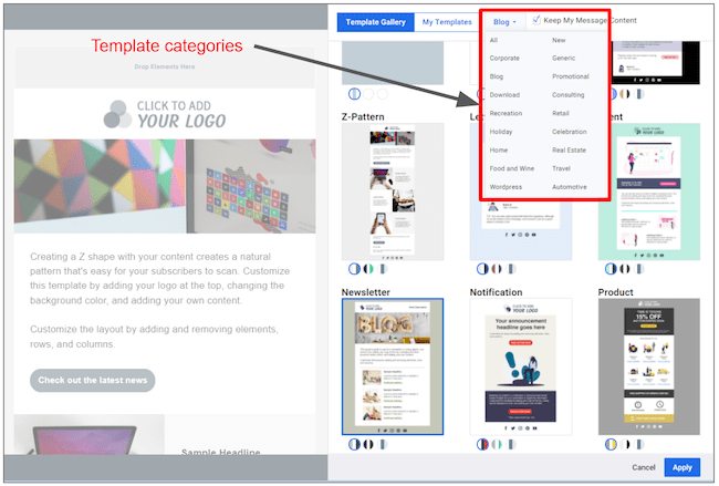 AWeber Review Email Template Categories