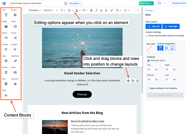 AWeber drag and drop email newsletter editor
