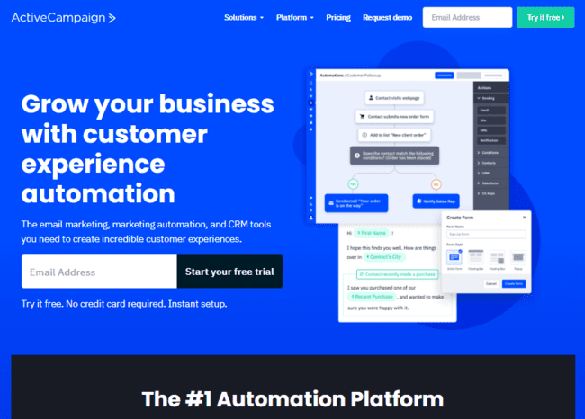 Active Campaign marketing automation platform signup page