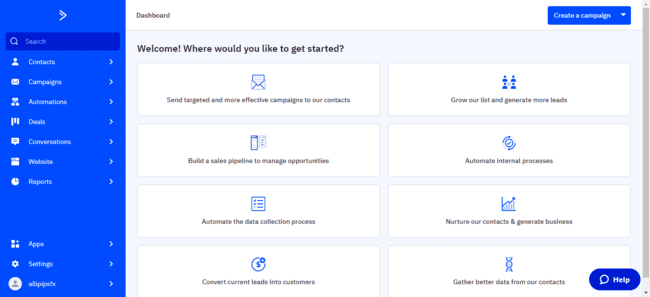 ActiveCampaign CRM welcome dashboard