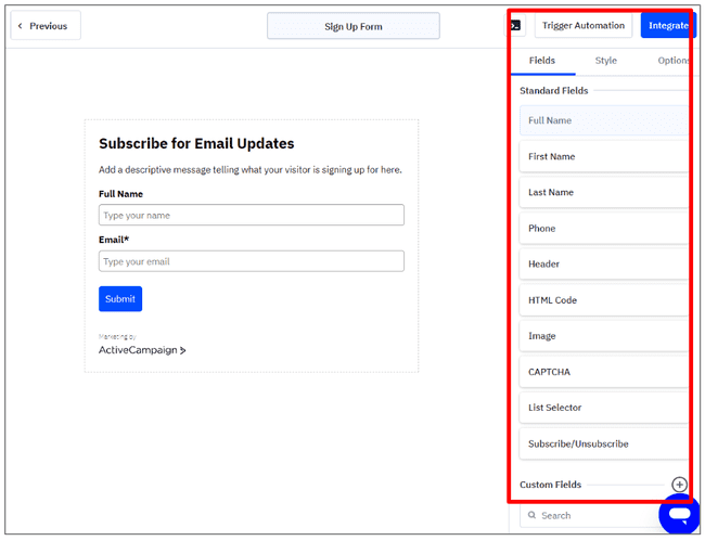 ActiveCampaign form builder