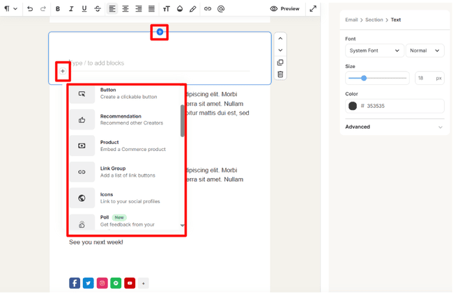 Adding new elements in the Kit email editor