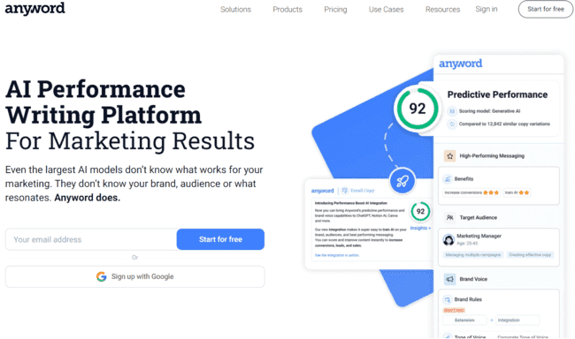 Anyword AI email writing tool for marketers