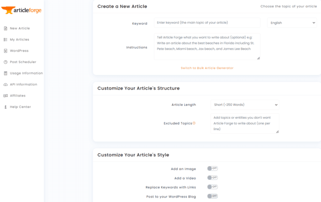 Article Forge create a new article with AI