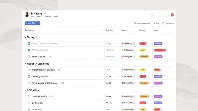 Asana task list interface project management software