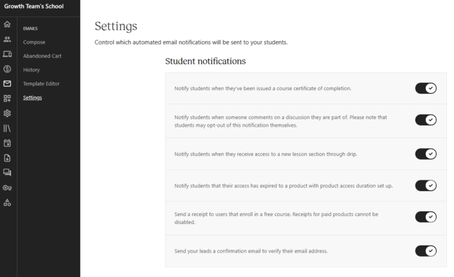 Automated email notifications in Teachable