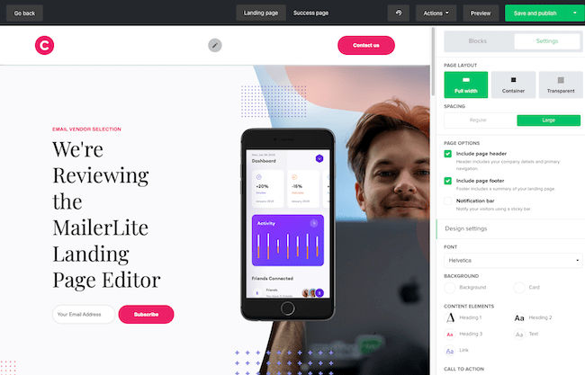 Avis Mailerlite landing page builder email marketing vendor