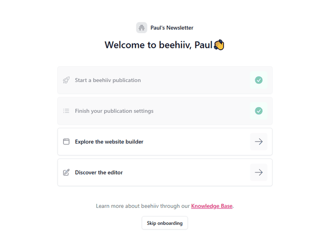 Beehiiv new user onboarding