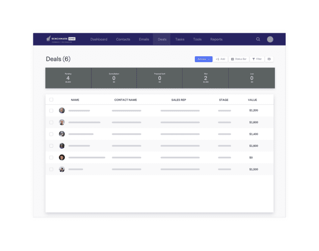 Benchmark One sales crm deals pipeline