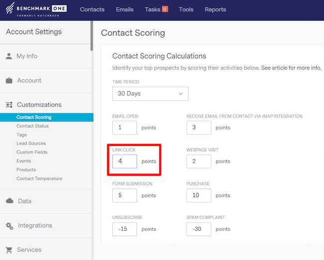 Customizing Contact Scoring values in BenchmarkONE Account Settings