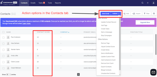 Contact scores in Benchmark One CRM