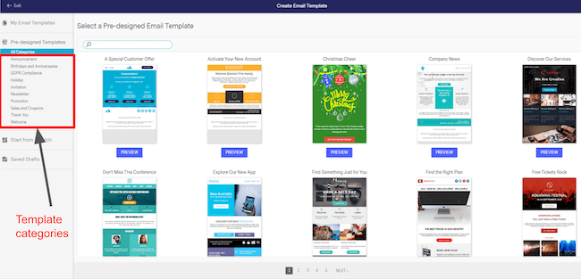 BenchmarkONE email templates sorted into 10 categories.