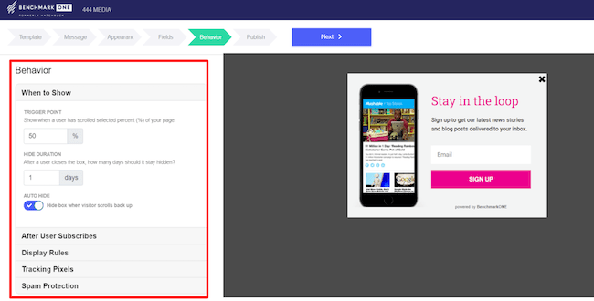 Setting rules in the BenchmarkONE form editor Behavior tab