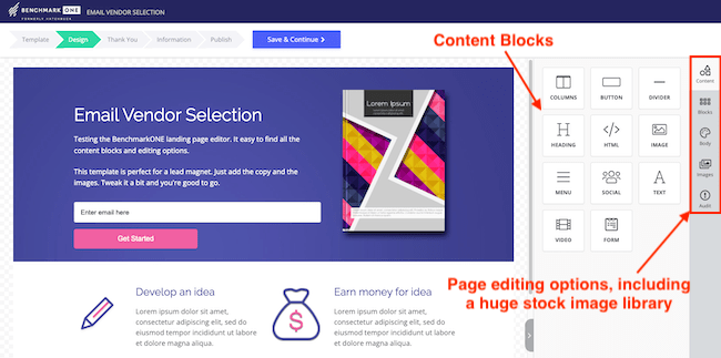 Content editing options in the BenchmarkONE landing page editor.