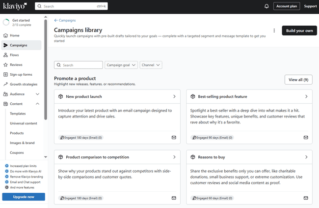 Biblioteca de campañas de Klaviyo