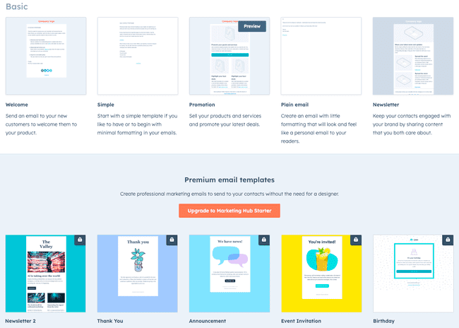 biblioteca de plantillas de correo electrónico de Hubspot