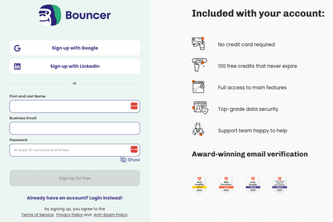 Bouncer email verification tool sign up