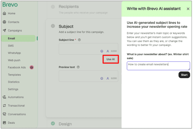 Brevo AI subject line writer