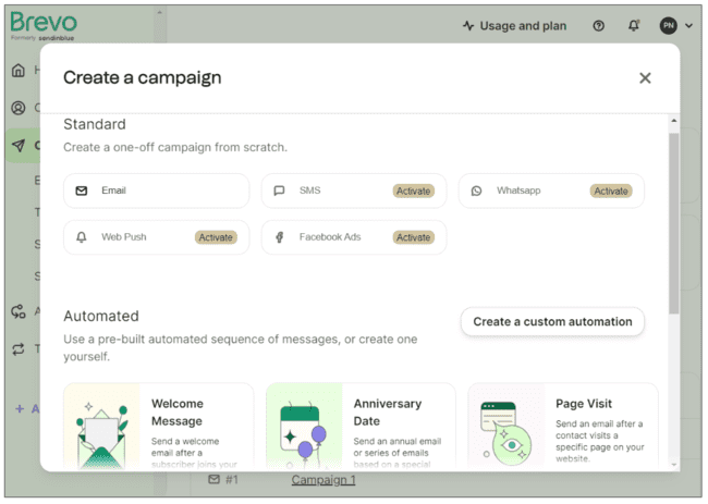 Brevo analisa as opções de campanha de e-mail e automação