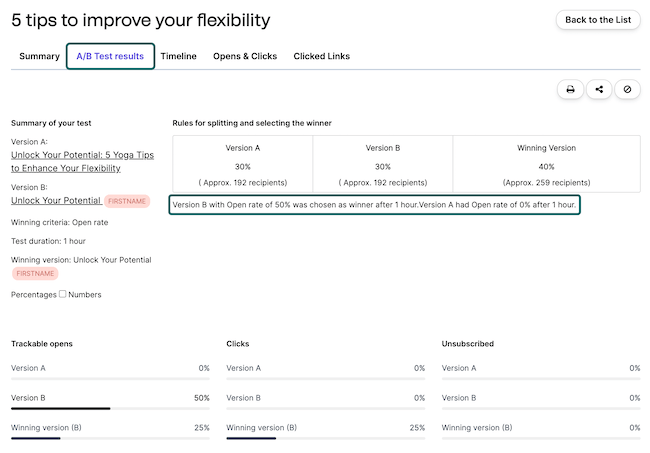 Brevo analytics campaigns ab split test report