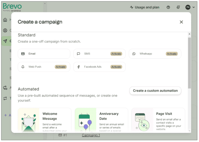Brevo create campaign email SMS WhatsApp web push ads