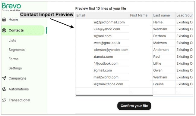 Brevo import preview for contacts