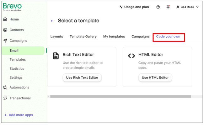 Brevo review code your own email building options
