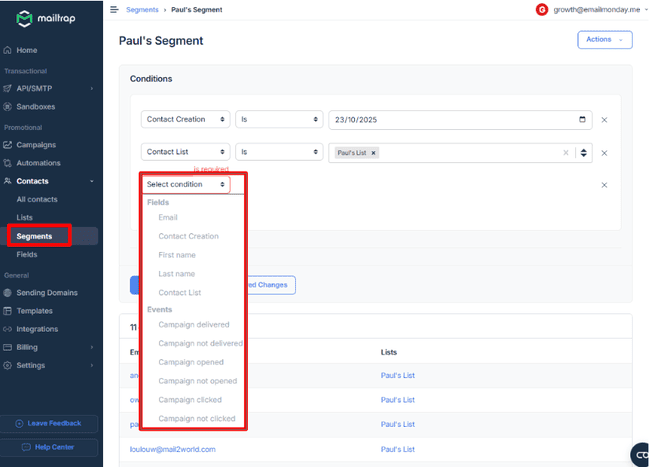 Building a contact segment in Mailtrap