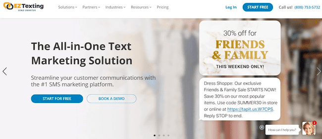 Captura de pantalla de la página web de EZTexting