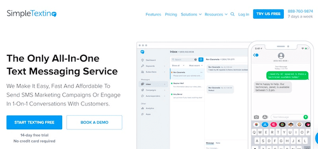 Captura de pantalla de la página web de SimpleTexting