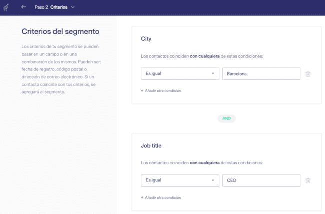Captura de pantalla de segmentación en Benchmark Email