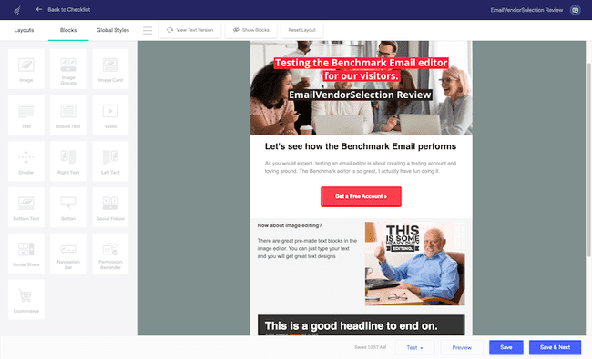 Captura de pantalla del editor de software de correo electrónico barato Benchmark Email