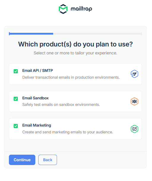 Choosing Mailtrap products