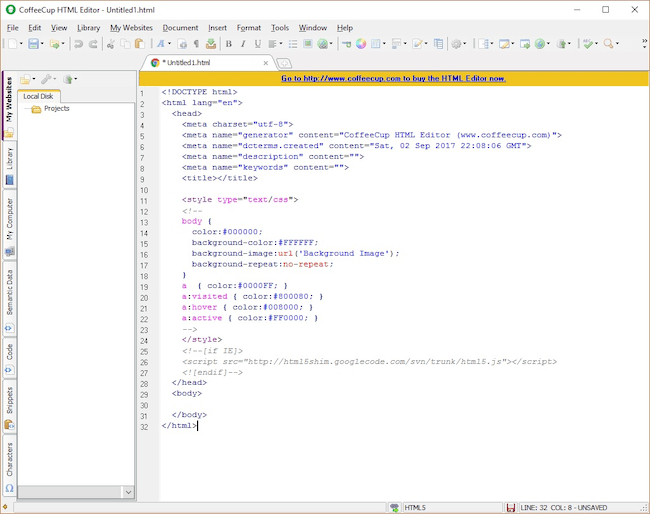 CoffeeCup html editor interface