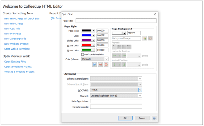 CoffeeCup quick start options to set up an HTML template.
