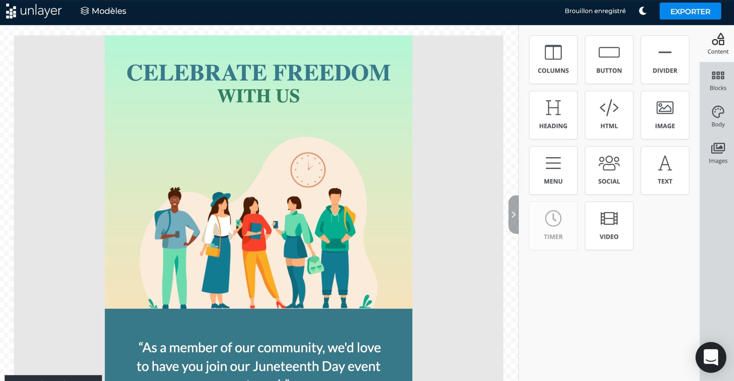 Conception du modèle du créateur d_emails Unlayer 