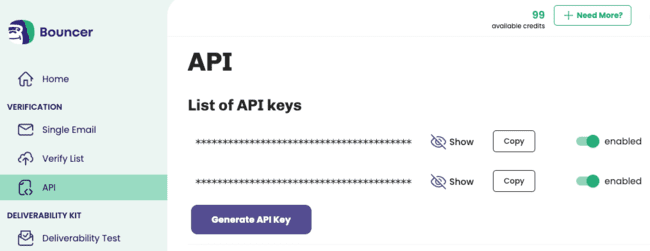 Configuración de las claves de la API de verificación de email en Bouncer