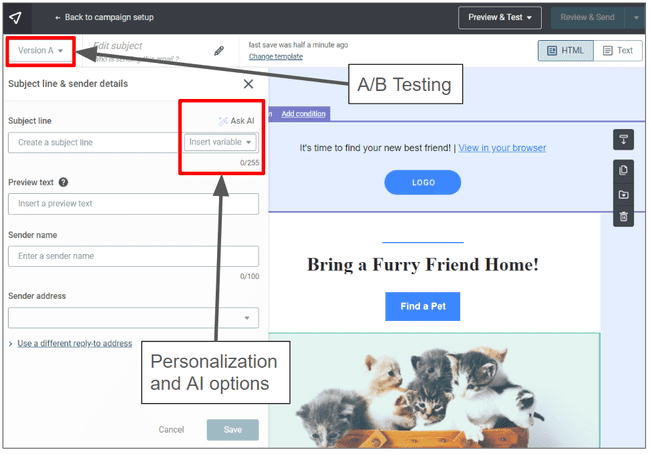 configuración de los emails marketing de Mailjet