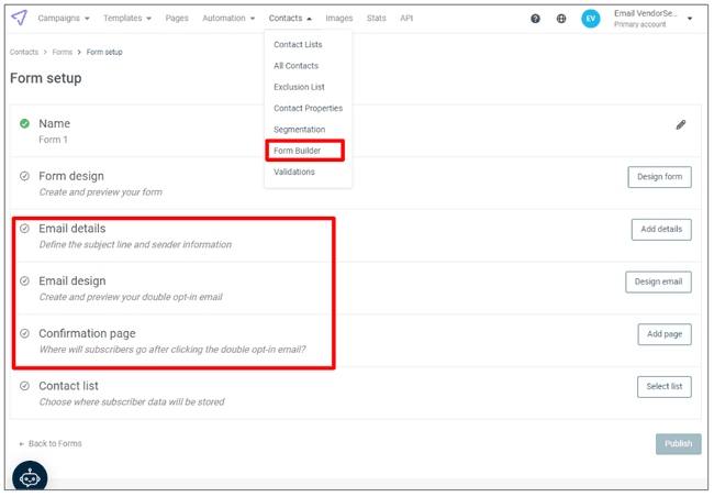 configuración del creador de formularios de Mailjet